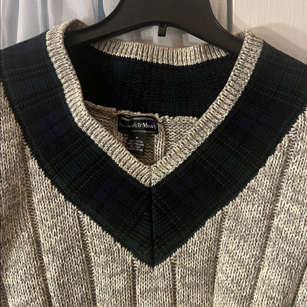 Preswick & Moore Gray Sweater Plaid Collar Men’s Size Medium Chunky Oversized